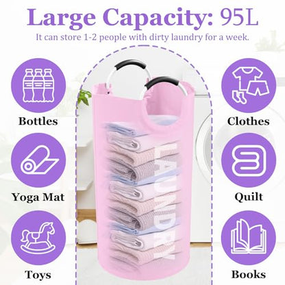 Pink Laundry Basket,Hampers for Laundry with Handle,Foldable Clothes Basket - color: 2Pcs Pink, size: L-95L