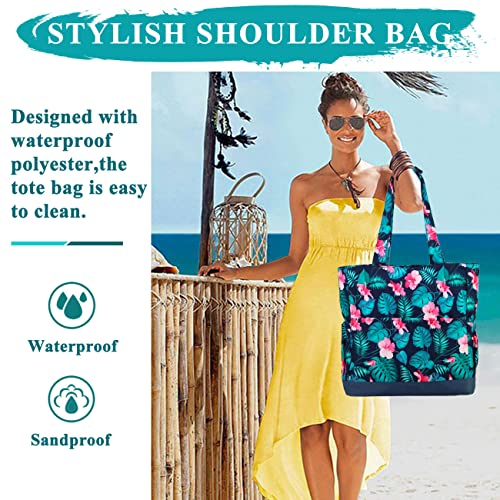 VASCHY Beach Bag for Women, Large Waterproof Sandproof Fold-able Packable Pool Tote Bag w Zipper/Pockets - color: Green Flowers