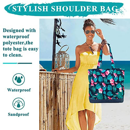 VASCHY Beach Bag for Women, Large Waterproof Sandproof Fold-able Packable Pool Tote Bag w Zipper/Pockets - color: Green Flowers