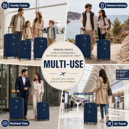 Mirage Grace 4 Piece Expandable Softside Luggage Set, Navy - color: Navy