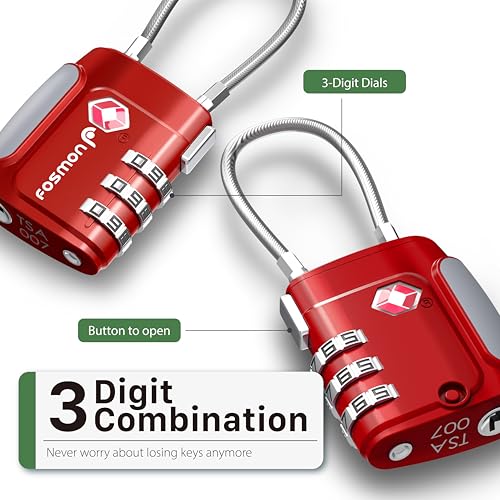 Fosmon TSA Approved Cable Luggage Locks, 3 Digit Combination, 2 Pack Red - style: 3 Digit red 2 pack