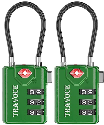 TSA Approved Luggage Locks, Combination Cable Locks, 2 Pack, Green | Search Alert shows TSA key access; resettable 3-digit code and flexible braided steel cable for suitcases and backpacks. - color: Army Green