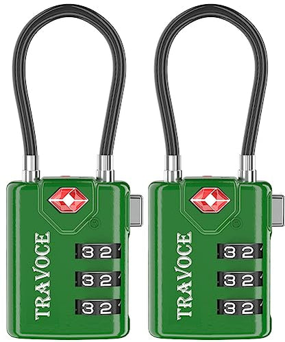 TSA Approved Luggage Locks, Combination Cable Locks, 2 Pack, Green | Search Alert shows TSA key access; resettable 3-digit code and flexible braided steel cable for suitcases and backpacks. - color: Army Green