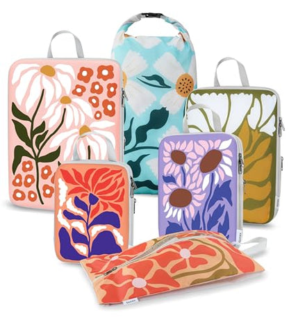 Gonex 6-Piece Compression Packing Cubes with Shoe & Laundry Bags | Floral Pattern, Ripstop Fabric, Double-Zip Compression, Carry-On Friendly, Lightweight - color: Flowers, size: 6 Set