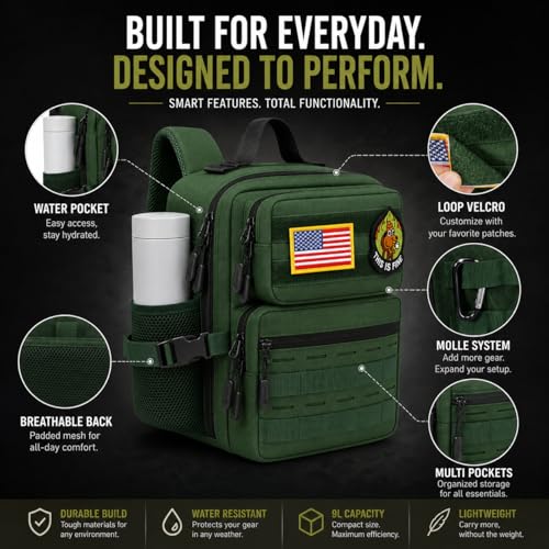 9L Mini Tactical Backpack for Men and Women, Gym Hiking Travel Daypack - color: Army Green