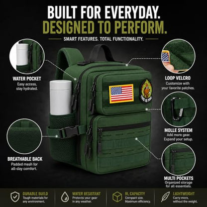 9L Mini Tactical Backpack for Men and Women, Gym Hiking Travel Daypack - color: Army Green