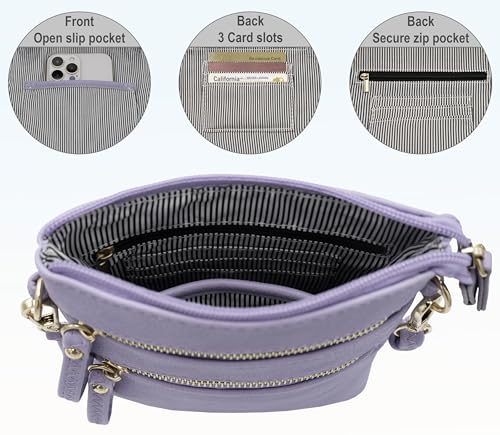 Solene Small Crossbody Bag for Women, Multi Zip Pockets with Detachable Wristlet, Lightweight Travel Purse, Cell Phone Pouch - color: Lavender