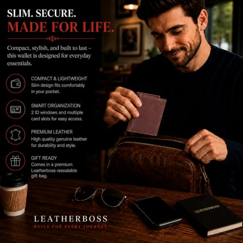 Leatherboss Slim Thin Leather Credit Card Id Mini Wallet Holder Bifold Driver's License Safe (Wine) - color: Wine