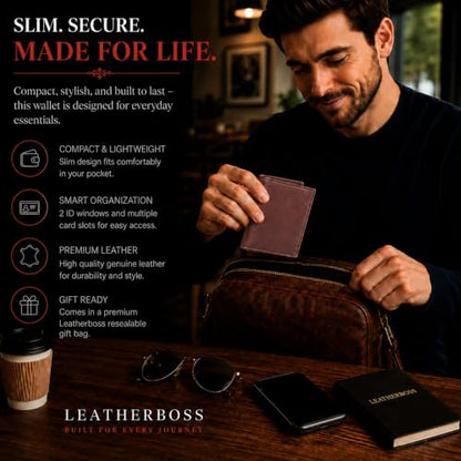 Leatherboss Slim Thin Leather Credit Card Id Mini Wallet Holder Bifold Driver's License Safe (Wine) - color: Wine