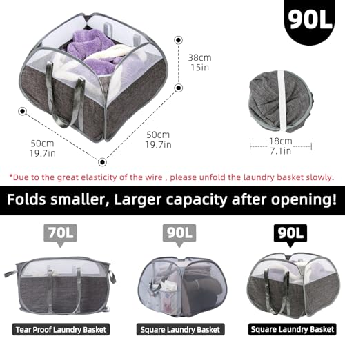 Collapsible Laundry Basket, 90L Tear Proof Mesh Pop-up Hamper - color: Gray, size: Square-Tear Proof，1 Pack