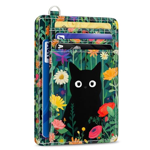 Yonlevres Cat Credit Card Holder Slim RFID Wallet Women Small Travel Cute - color: Cat Flower Green