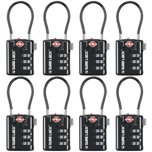 SURE LOCK TSA Compatible Travel Luggage Locks, Inspection Indicator, Easy Read Dials TSA Approved with Zinc Alloy (1, Black 8 Pack) - color: BLACK 8 PACK