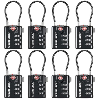 SURE LOCK TSA Compatible Travel Luggage Locks, Inspection Indicator, Easy Read Dials TSA Approved with Zinc Alloy (1, Black 8 Pack) - color: BLACK 8 PACK