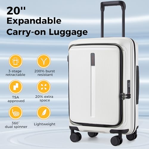 20 Inch Hardside Carry On Luggage Laptop Compartment, Expendable Suitcase - color: White