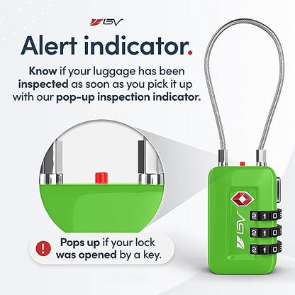 BV Luggage Locks TSA Accepted, Travel Sentry Approved 3-Digit Combination Suitcase Locks with Open Alert & Flexible Cable for Travel, Backpacks, Lockers, Cases, Green, 1 Pack - color: Green 1-Pack