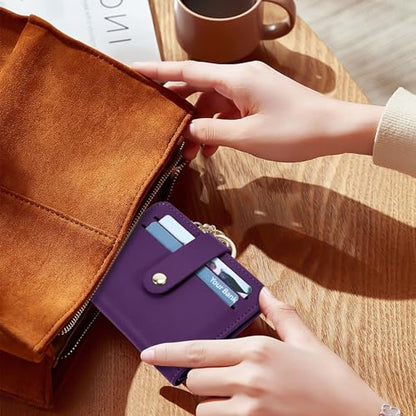 Airkit Small Wallet Women RFID, PU Leather Card Holder with Keychain - color: Purple