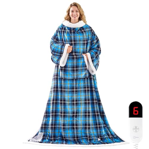 Wearable Heated Blanket with Foot Pocket &Sleeves, Electric Heated Robe - color: Blue Plaid, size: Long