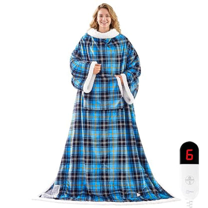 Wearable Heated Blanket with Foot Pocket &Sleeves, Electric Heated Robe - color: Blue Plaid, size: Long