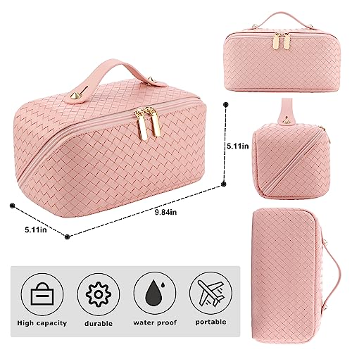 ALEXTINA Travel Makeup Bag, Woven PU Leather Cosmetic Bag, Pink - color: woven-pink, size: Medium