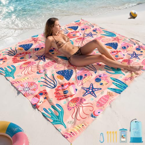 Beach Blanket Sandproof Waterproof Oversized 78"x81"/10'x9' Compact mat - color: Pink Ocean, size: 78''×81''