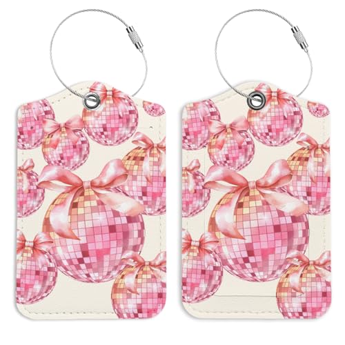 Pink Disco Ball Luggage Tags for Suitcases, Bows Luggage Tag, Back to School for Students, Trendy Girly 2 Pack Travel Luggage Tags, Teen Girls Gifts Suitcase Tags - color: Bow Disco Ball