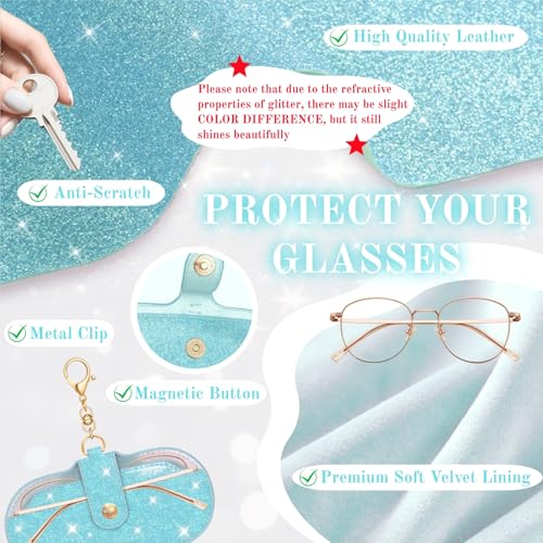 Glitter Glasses Case with Lanyard Soft Leather Sunglasses Bag with Hook - color: Blue