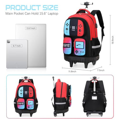 3PCS Gamer Boys Rolling Backpack with Lunch Box & Pencil Pouch (Red Blck) - color: Red Black