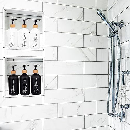 Glass Shampoo and Conditioner Pump Bottles Soap Dispenser Bamboo Pump Head Empty Glass Refillable Shampoo Conditioner Body Wash Soap Bottles for Bathroom, 17 oz, 3 Pack, Black - color: Black, size: Shampoo + Conditioner