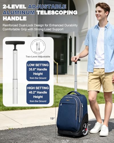 NEW TILAMI 19 Inch Rolling Backpack for School Stair-Climbing, Navy Blue - color: Navy Blue