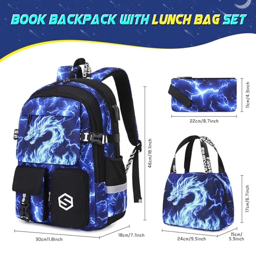 Scothen Boys Backpack, Cool Luminous Kids School Backpacks with Lunch Bag - color: Blue Dragon