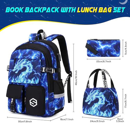 Scothen Boys Backpack, Cool Luminous Kids School Backpacks with Lunch Bag - color: Blue Dragon
