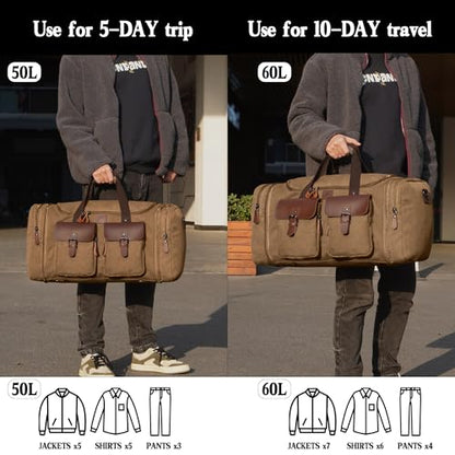 Canvas Duffle Bag for Men - 50L Expandable Travel Duffel Bags - color: Coffee, size: Large-50L