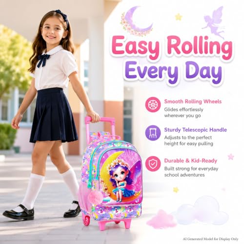 AGSDON 3PCS Kids Rolling Backpack, Girls Roller Wheels Bookbag, Wheeled Elementary School Bag with Lunch Bag - Mermaid - color: Moon Xn Zifa Roller
