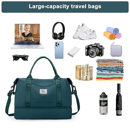 Travel Duffel Bag with Shoes Compartment, Weekender Bags for Women - color: A-Peacock Blue, size: Large