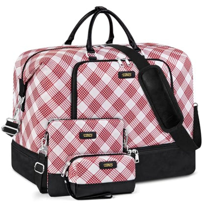 TIBES Travel Weekender Bag for Women, Overnight Bag with Shoe Compartment - color: W-Red Plaid