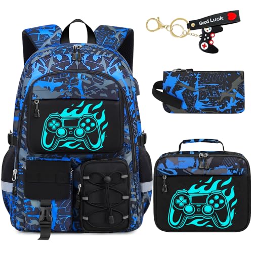 School Backpack for Boys - 4pcs Gamer Boys Backpack with Lunch Box Set for Kids Teens Elementary Middle High School,18″ Large Capacity Students Bookbag with Usb Charging Port & Key-chain - color: Blue-game03-set