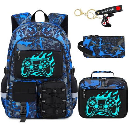 School Backpack for Boys - 4pcs Gamer Boys Backpack with Lunch Box Set for Kids Teens Elementary Middle High School,18″ Large Capacity Students Bookbag with Usb Charging Port & Key-chain - color: Blue-game03-set