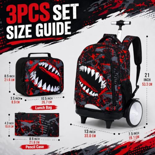 20 Inches Large Wheels Rolling Backpack for Boys with Light Up, 3Pcs Kids Graffiti Shark Wheeled Backpack Set for Elementary School (Red) - color: BigMouth-Red (Large Wheel)