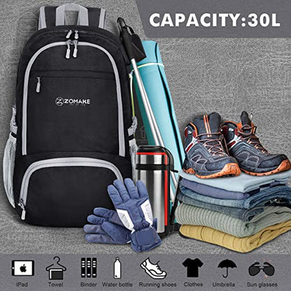 ZOMAKE Lightweight Packable Backpack 30L, Foldable Travel Hiking Daypack - color: A-black, size: 30L