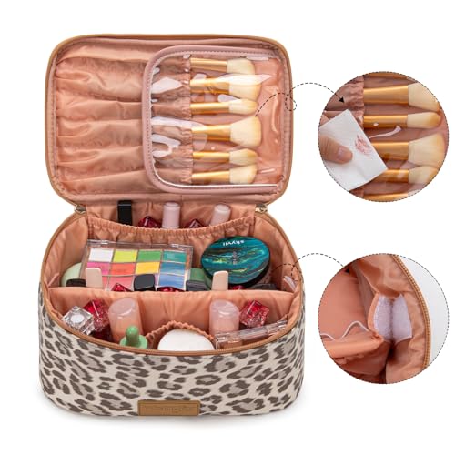 Wrangler Travel Makeup Bag 2pcs Set Cosmetic Bag with Makeup Brush Holder - color: Leopard-Khaki