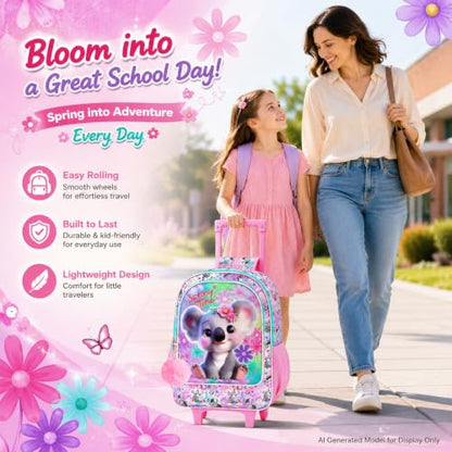 UFNDC 4PCS Rolling Backpack for Girls, Cute Kids Koala Wheeled Bookbag，Roller School Bag with Wheels for Elementary Preschool Travel - color: UV Printing Koala Pink Rolling Backpack