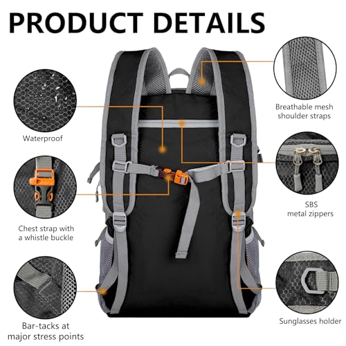 Goloni Ultra Lightweight Packable Backpack 40L - Foldable Hiking Backpack Water Resistant Small Foldable Daypack for Travel,Black - color: Black