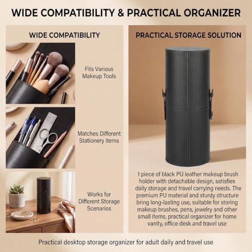 erioctry Black Makeup Brush Case Holder Portable PU Leather Cosmetic Brush Organizer & Storage Roll-up Case for Travel 23 x 8 cm with Snap Closure
