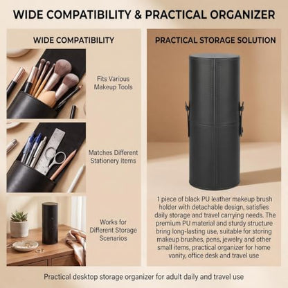 erioctry Black Makeup Brush Case Holder Portable PU Leather Cosmetic Brush Organizer & Storage Roll-up Case for Travel 23 x 8 cm with Snap Closure