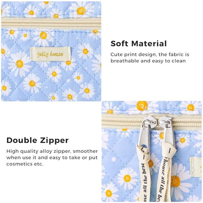 HBselect Quilted Makeup Bag, 3Pcs Cotton Large Travel Makeup Bags Organizer - color: A-3PCS-Daisy