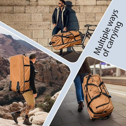 Rolling Duffle Bag with Wheels,110L/140L Expandable Soft-Sided Foldable Duffle Bag with 2 Rubber Wheels,Packable 32” Rolling Carry-On with Multi-Pockets & Compartments,(brown) - color: brown