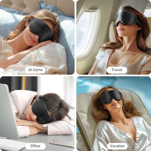 LitBear 100% 22 Momme Mulberry Silk Sleep Mask - 3D Contoured, Black - color: Black