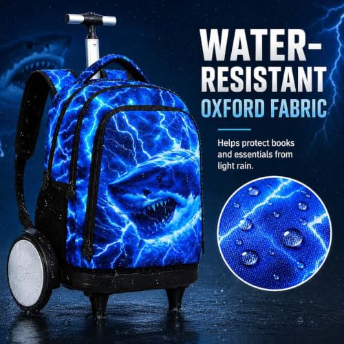 20 Inches Large Wheels Rolling Backpack for Boys with Detachable, 3Pcs Kids Lightning Shark Wheeled Backpack Set for Elementary School (Blue) - color: Lightning Shark (Large Wheels)