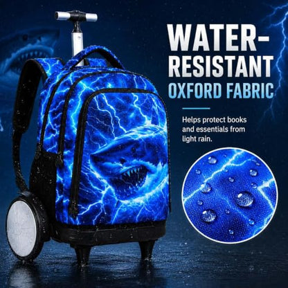 20 Inches Large Wheels Rolling Backpack for Boys with Detachable, 3Pcs Kids Lightning Shark Wheeled Backpack Set for Elementary School (Blue) - color: Lightning Shark (Large Wheels)