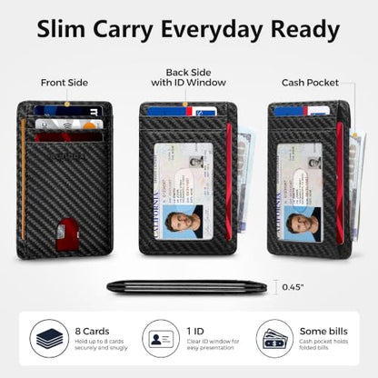 RUNBOX Slim Wallet for Men and Women, RFID Blocking Leather Card Holder - color: Carbon Fiber Black